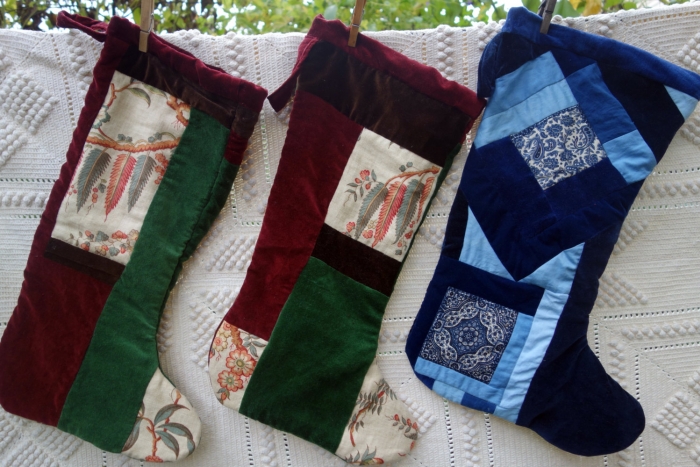 linen and velvet Christmas stocking