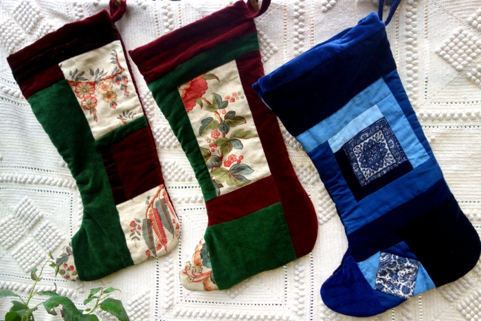 linen and velvet Christmas stocking
