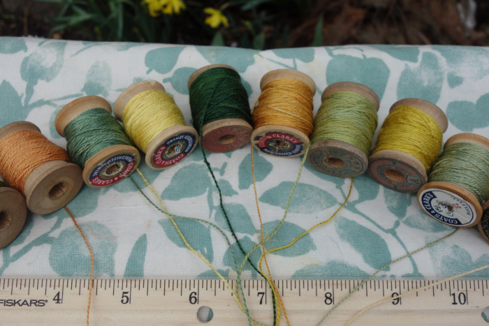 naturally dyed yellow orange and green silk embroidery thread