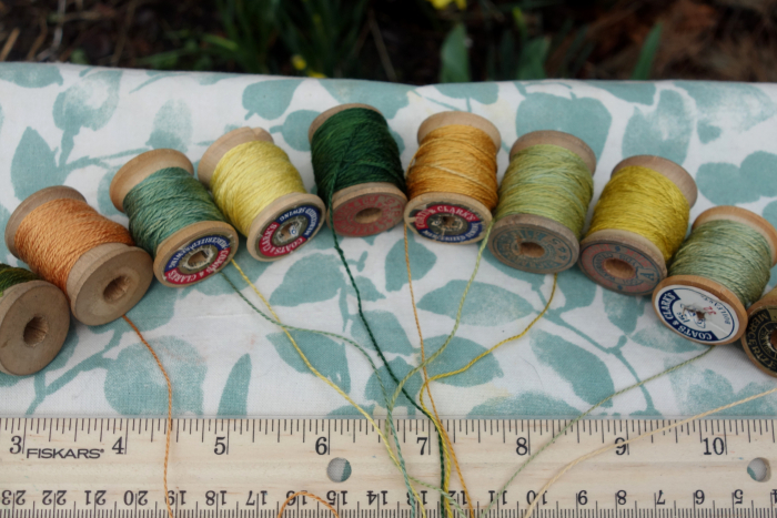 naturally dyed yellow orange and green silk embroidery thread