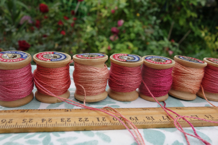naturally dyed silk thread shades of pink peach and rose