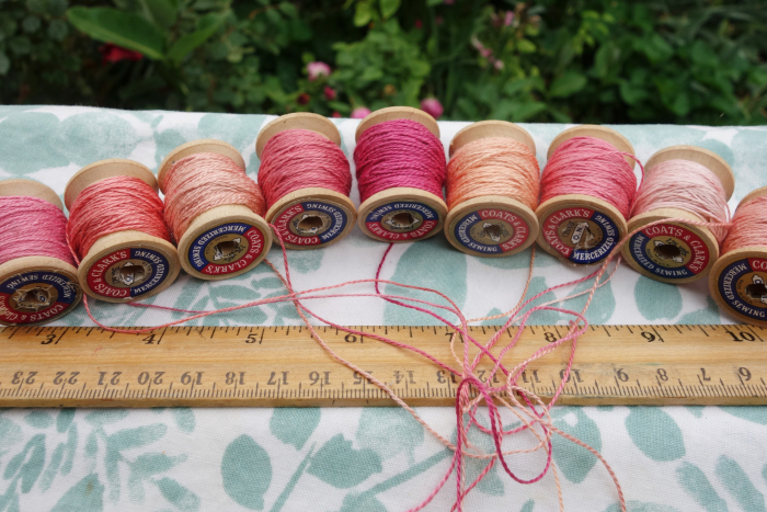 naturally dyed silk thread shades of pink peach and rose