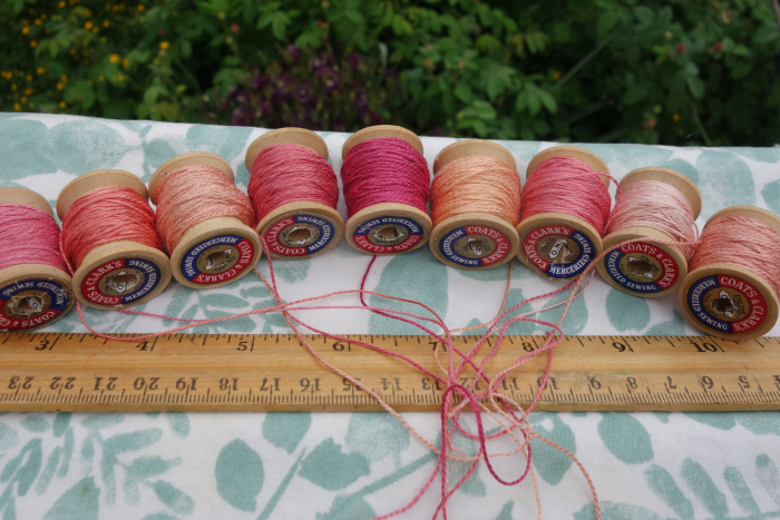 naturally dyed silk thread shades of pink peach and rose