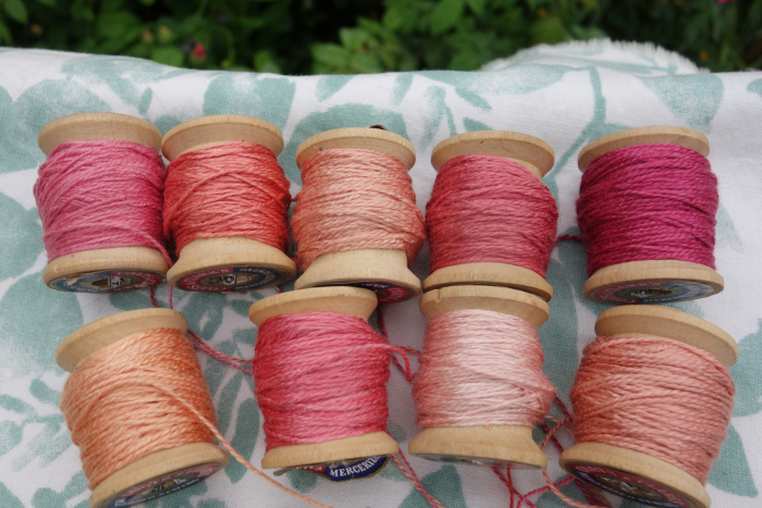naturally dyed silk thread shades of pink peach and rose