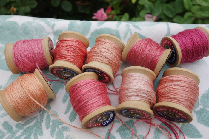 naturally dyed silk thread shades of pink peach and rose