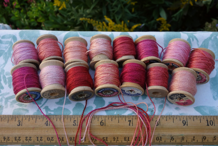Pink Orange and Red Silk Embroidery Thread Natural Dye on 15 Small Vintage Woode