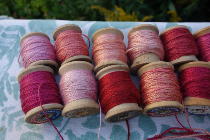 Pink Orange and Red Silk Embroidery Thread Natural Dye on 15 Small Vintage Woode