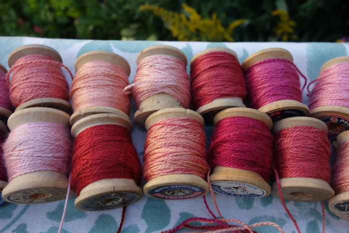 Pink Orange and Red Silk Embroidery Thread Natural Dye on 15 Small Vintage Woode