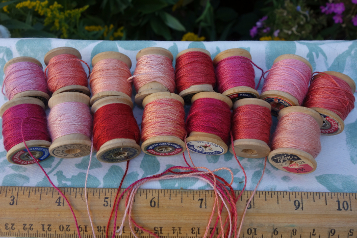 Pink Orange and Red Silk Embroidery Thread Natural Dye on 15 Small Vintage Woode