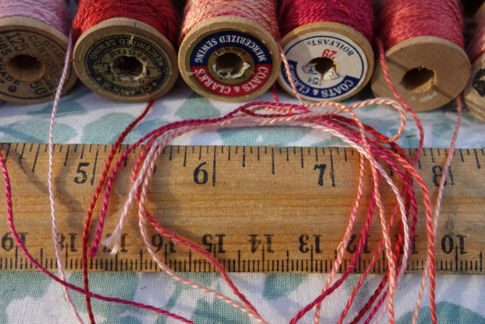 Pink Orange and Red Silk Embroidery Thread Natural Dye on 15 Small Vintage Woode