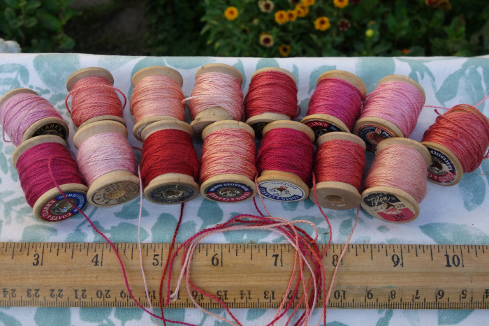 Pink Orange and Red Silk Embroidery Thread Natural Dye on 15 Small Vintage Woode