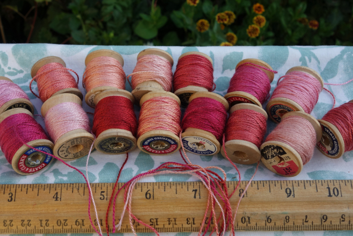 Pink Orange and Red Silk Embroidery Thread Natural Dye on 15 Small Vintage Woode