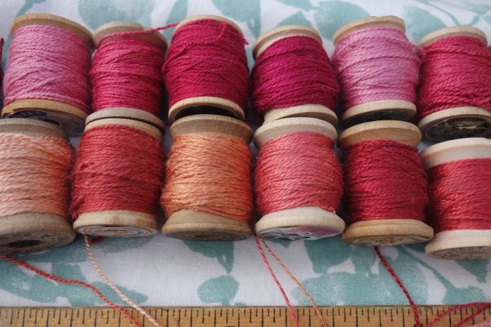 silk embroidery threads dyed with madder roots and cochineal