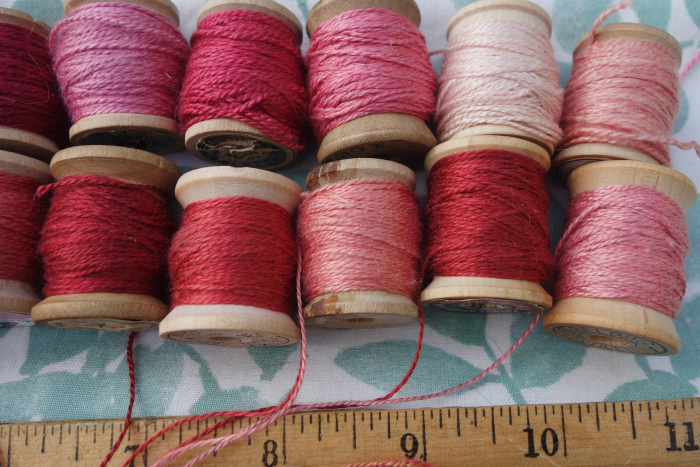 silk embroidery threads dyed with madder roots and cochineal