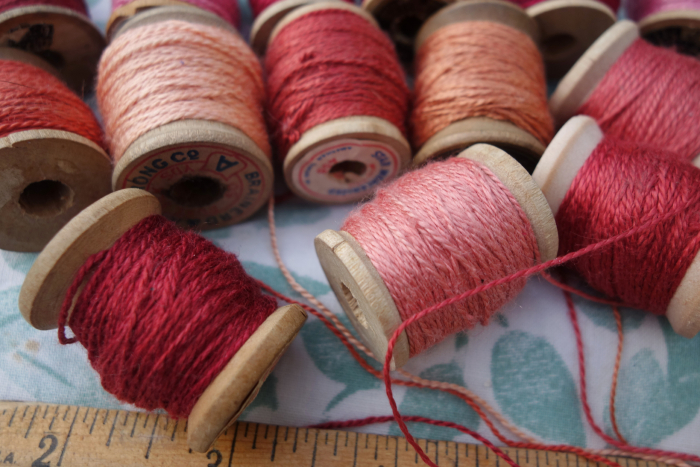 silk embroidery threads dyed with madder roots and cochineal