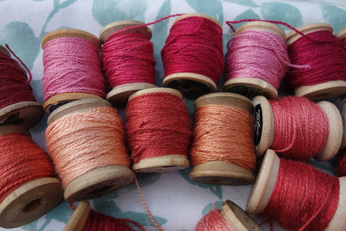 silk embroidery threads dyed with madder roots and cochineal
