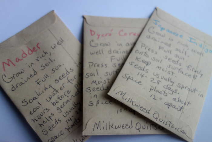 Japanese indigo, madder, and dyer's coreopsis seed packets