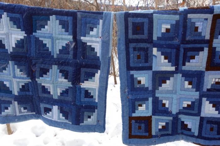 Blue jean log cabin quilts