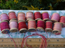 Pink Orange and Red Silk Embroidery Thread Natural Dye on 15 Small Vintage Woode